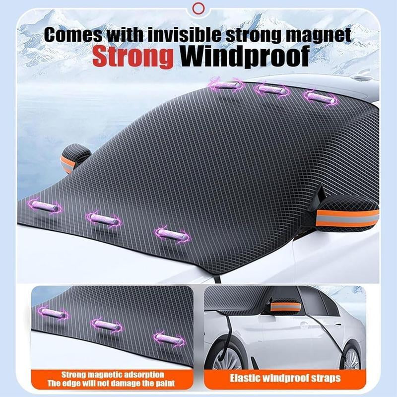 Car Windshield Cover against Frost Ice and Snow, Magnetic Windscreen Protector with Side Mirror Covers, All-Season Front Window Guard, Easy Install Storage, Black & Orange