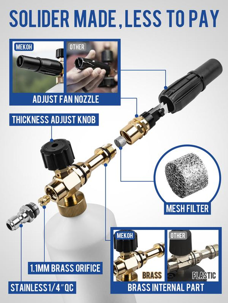 1 Liter Adjustable Foam Cannon Snow Foam Lance with 1/4" Quick Connector 5 Pressure Washer Nozzles for Car Detailing Cleaning White