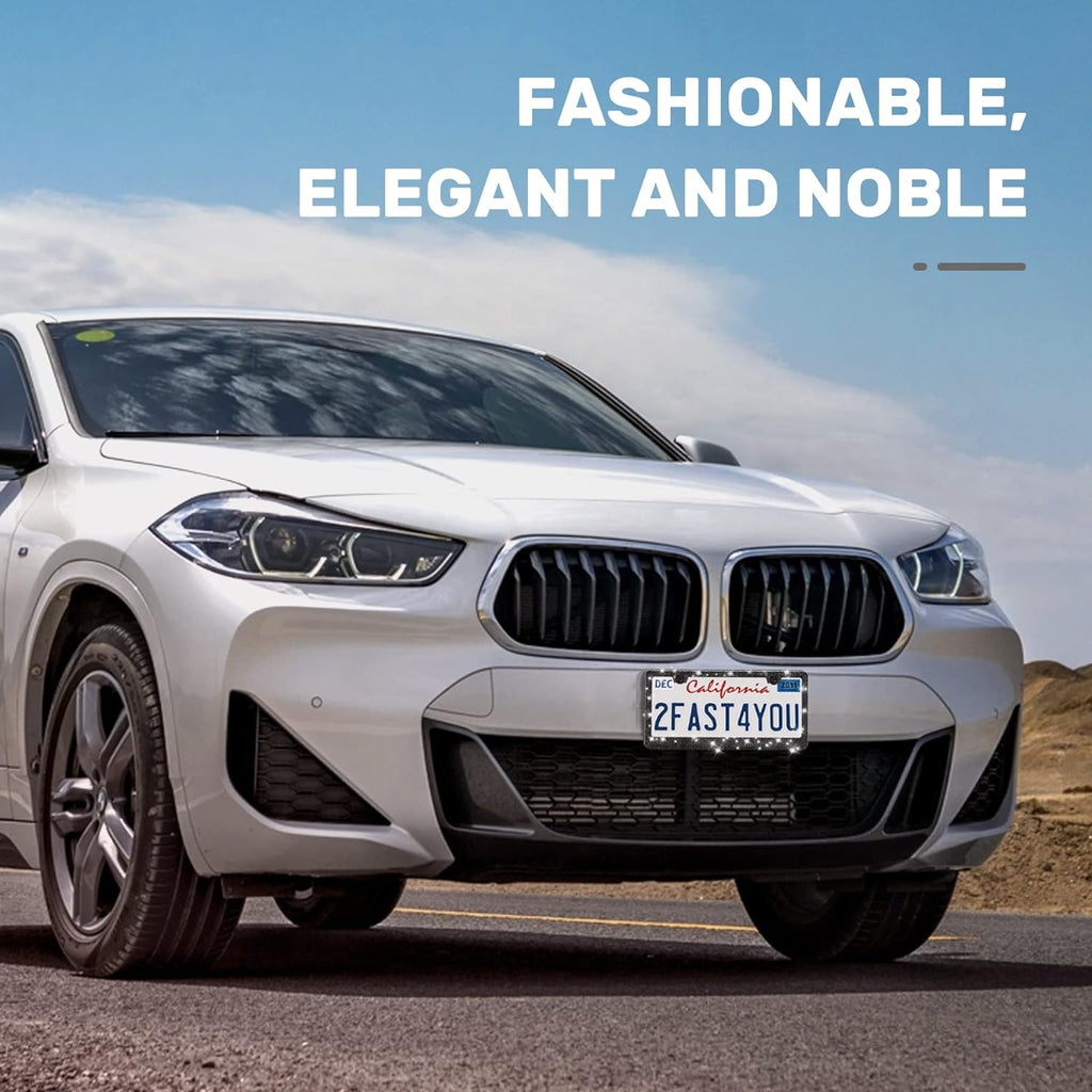 2 Pack Bling License Plate Frames, Sparkly Rhinestone Diamond Car License Plate Cover for Women, Stainless Steel Car Accessories with Glitter Crystal Caps (Black)