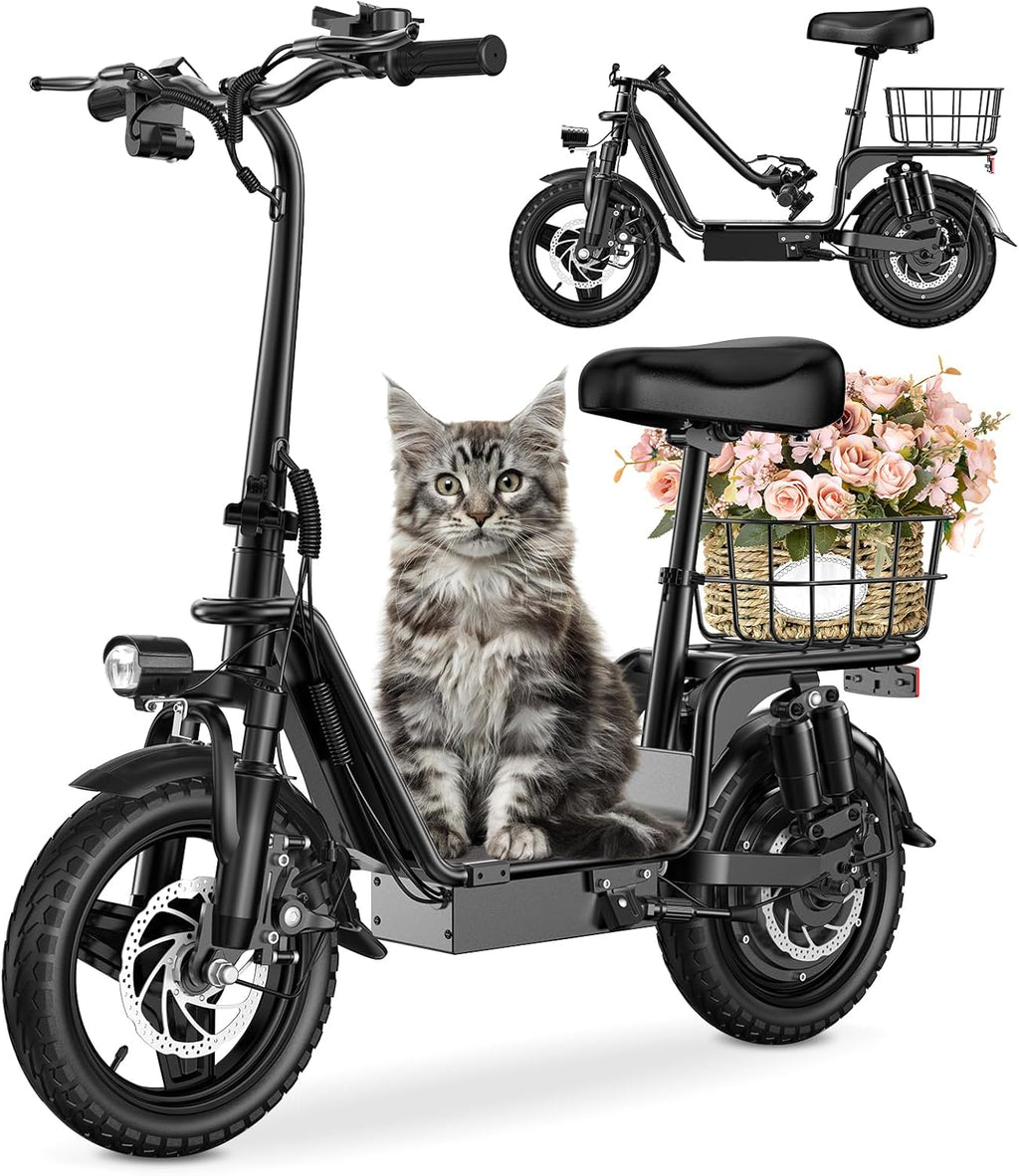 Adults Electric Scooter with Seat, 48V 10.4AH Foldable Electric Scooter,14" Tires,750W Motor,20MPH, 28-Mile Long Range and Dual Disc Brakes,330lbs Max Load