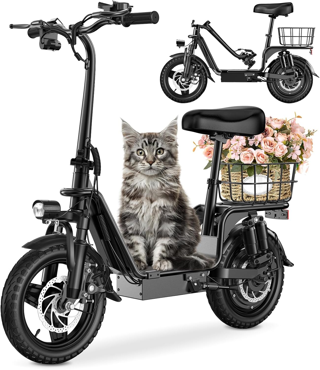 Adults Electric Scooter with Seat, 48V 10.4AH Foldable Electric Scooter,14" Tires,750W Motor,20MPH, 28-Mile Long Range and Dual Disc Brakes,330lbs Max Load