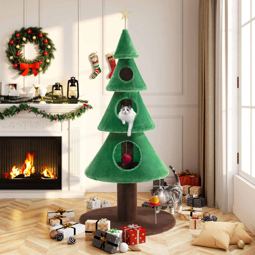 Allewie 63 Inches Cat Tree for Indoor Cat/Cat Tower with 3 Condos/ 5ft Cat Christmas Tree Party Decoration/Cat Activity Center Play House and Beds/Green