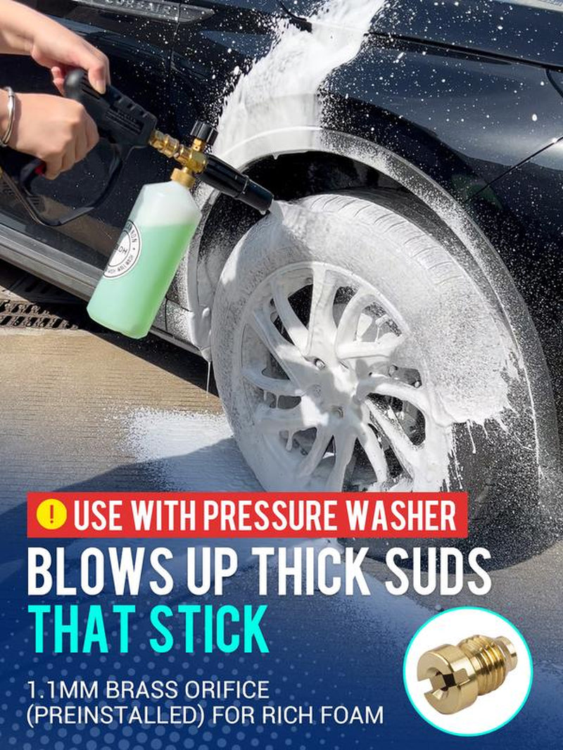 1 Liter Adjustable Foam Cannon Snow Foam Lance with 1/4" Quick Connector 5 Pressure Washer Nozzles for Car Detailing Cleaning White